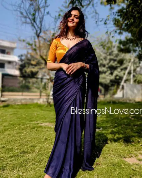 Copper Tissue Blouse with Navy Blue Pure Chiffon Saree