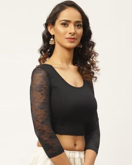 Cotton Lace Detail Solid Stretchable Saree Blouse