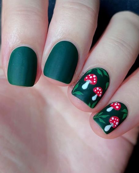 Dark Green Cute Little Mushrooms Nail Art Fall Inspo