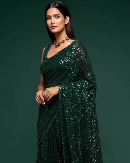 Dark Green Georgette Sequins Saree Party Wear