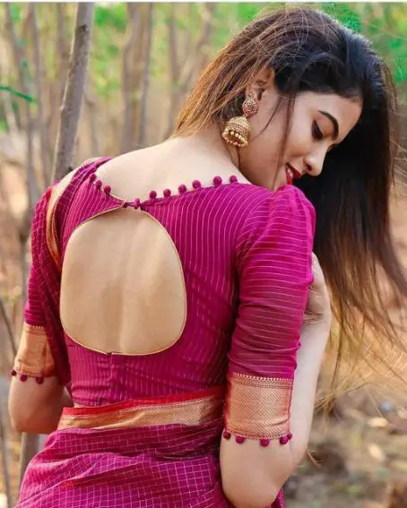 Dark Pink Color Blouse With White Stripes Potli Design