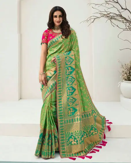 Designer Bottle Green Silk Saree With Pink Blouse