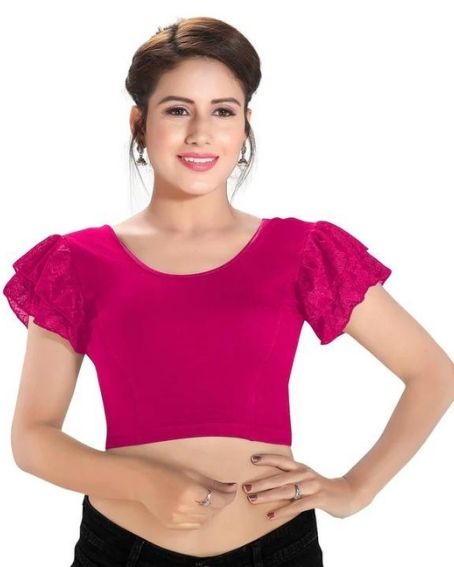 Designer Cotton Lycra Pink Non-Padded Stretchable Round Neck With Net Ruffle Sleeves Saree Blouse