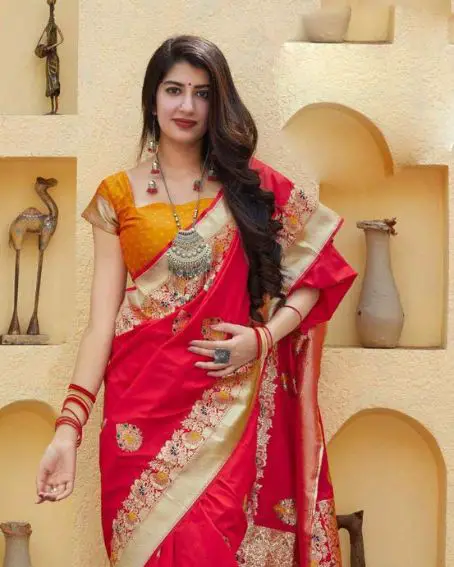 Designer Red Color Party Wear Silk Saree With Contrast Blouse