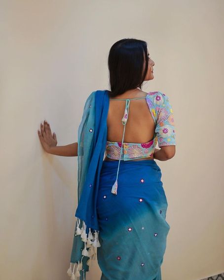 Double Color Blue Saree with Floral Blouse