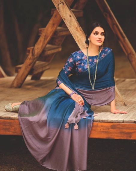 Dual Color Lazar Silk Saree with Floral Blouse