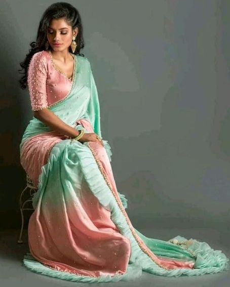 Dual Color Satin Saree with Work Blouse