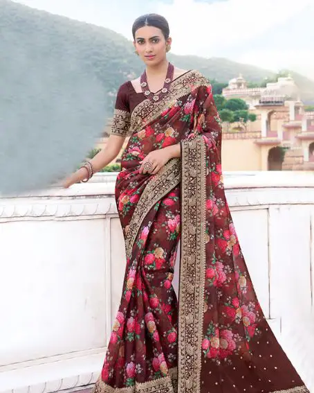 Embroidered Maroon Organza Floral Saree