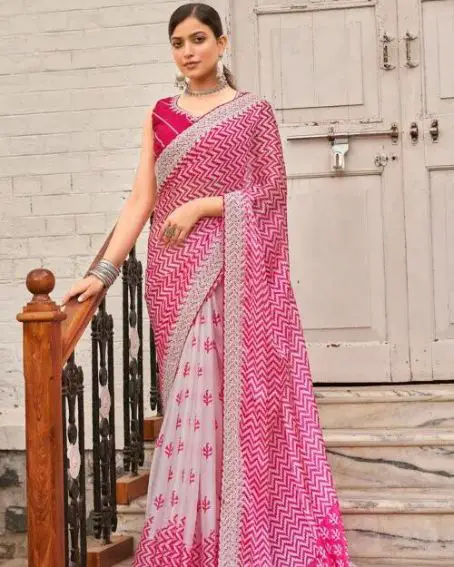 Embroidered Organza Saree in Pink and Off White