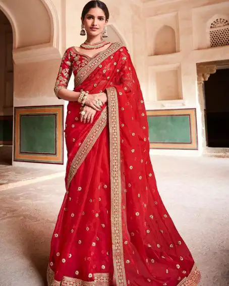 Embroidered Red Organza Silk Saree With Blouse