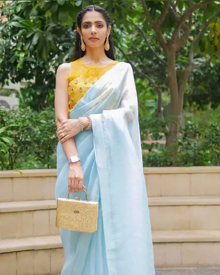 Embroidered Sky Blue Organza Saree With Yellow Blouse