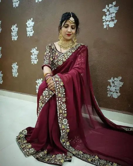 Embroidery Works with Orignal Mirror Work Saree with Contrast Blouse