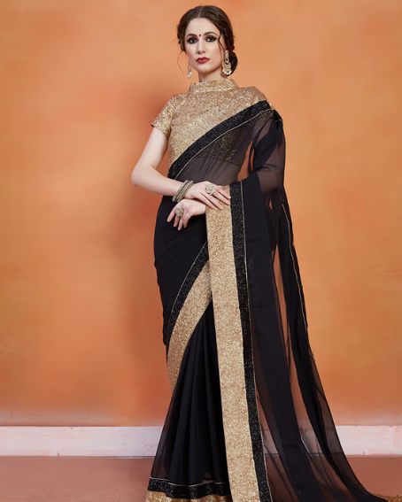 Enthralling Black Color Georgette Base Sequins Work Partywear Saree