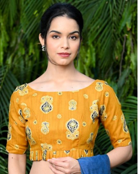 Ethnic-motifs Printed Boat Neck Cotton Saree Blouse