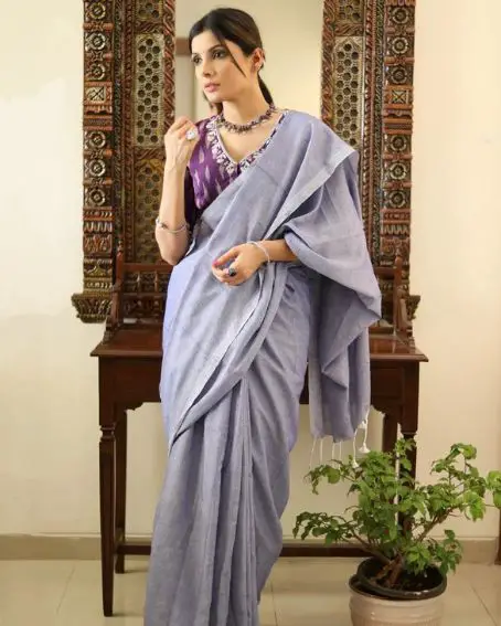 Exclusive Lilac Plain Cotton Saree With Ikat Blouse