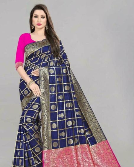 Fabcartz Women Navy Blue Embroidered Silk Blend Saree