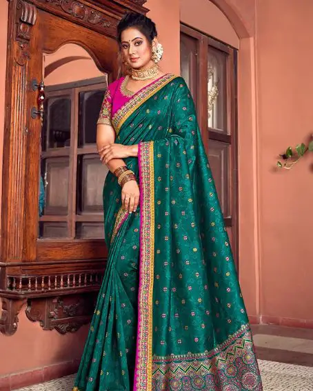 Fabulous Double Blouse Concept Embroidery Work Teal Green Color Saree