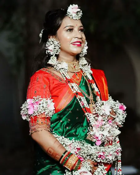 Fancy Green Saree with Red Embroidery Blouse