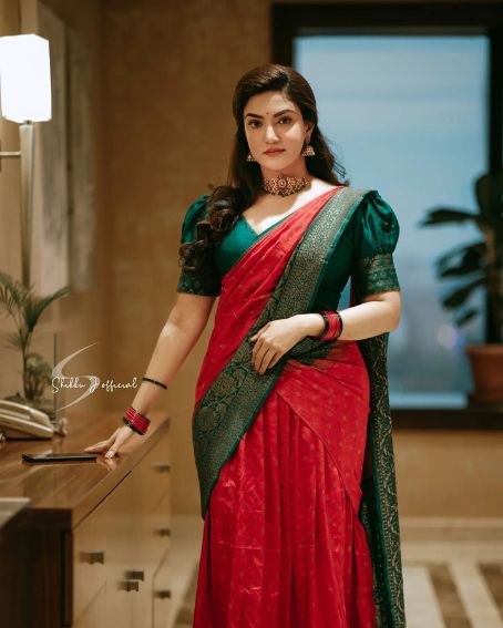 Fancy Red Saree with Green Blouse