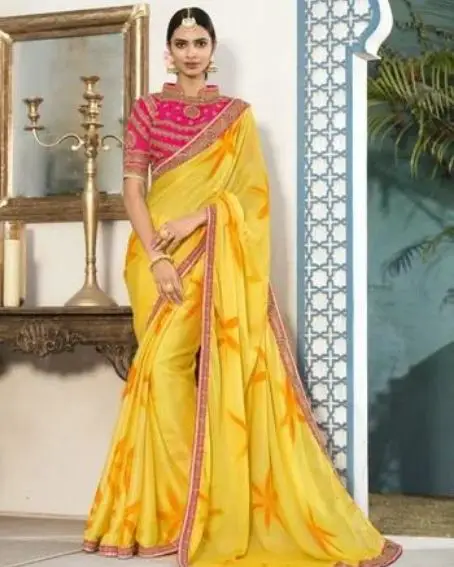 Fashion new Yellow Saree With Designer Blouse
