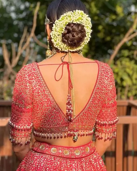 Fashionable Red Color Backless Tassel Blouse Design