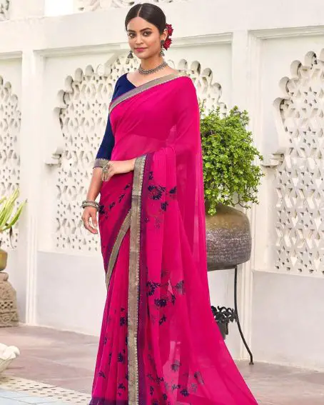 Faux Georgette Hot Pink Saree with Blue Blouse