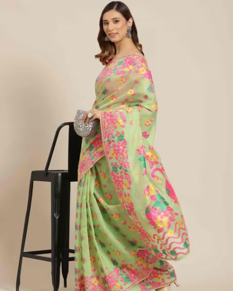 Floral Printed Green Saree with Pink Blouse Piece