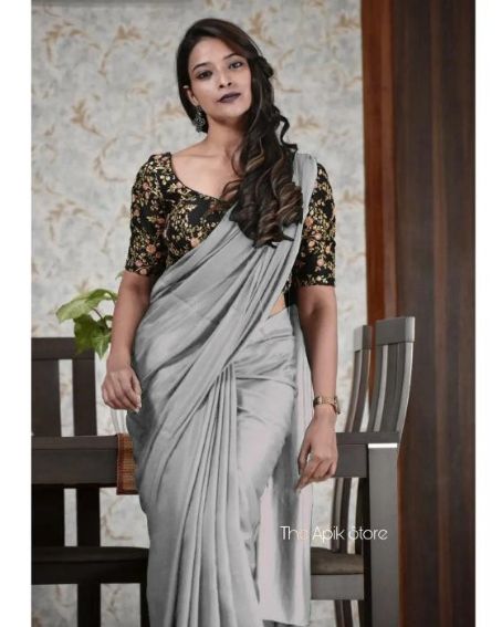 Flower Design Work Blouse Chinnon Silk Saree