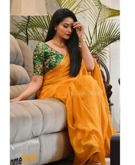 Flower Design Work Blouse Chinnon Yellow Silk Saree