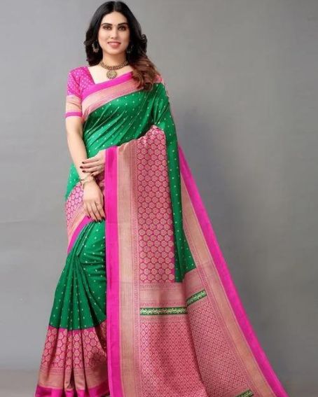 Fluorescent Green Pattu Saree with Pink Blouse