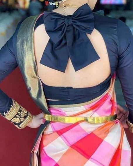 Full Sleeve and Bow Back Neck Party Blouse Dark Blue Color