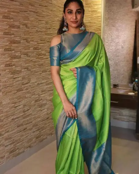 Geometric Print Banarasi Pure Silk Green Saree with Blue Blouse