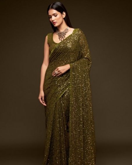 Georgette Green Saree With Heavy Sequined Blouse