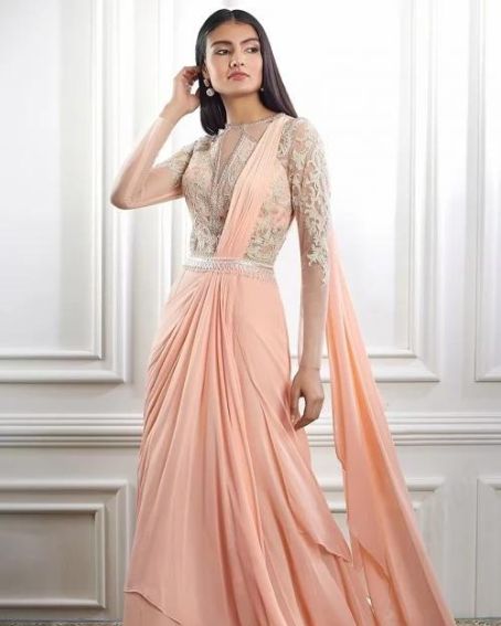Georgette Salmon Peach Indo-western Saree With Thread Work Blouse