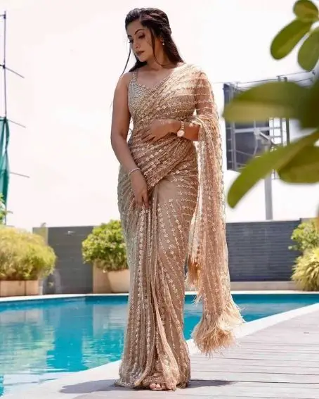 Gold Color Sequence Saree with Blouse