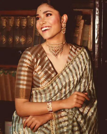 Gold & Copper Striped Metallic Chanderi Silk Saree with Tissue Blouse