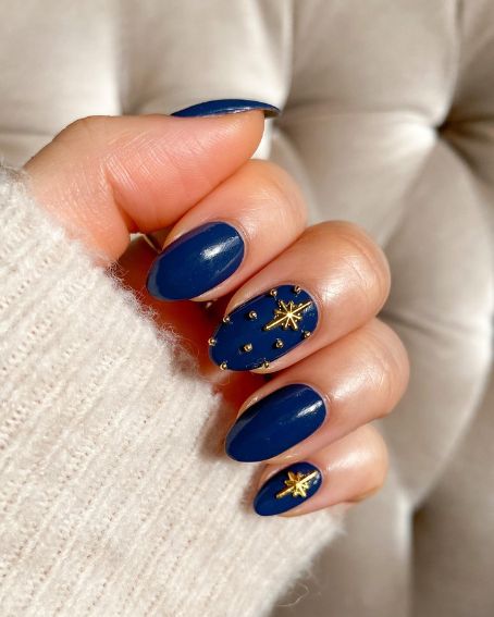Gold Dots on Navy Blue Nails