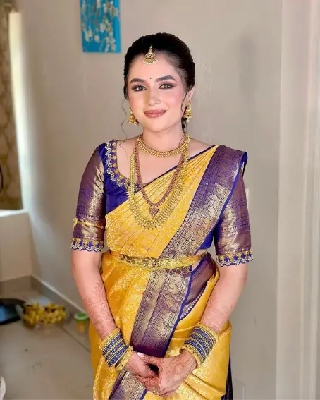 Gorgeous Bridal Yellow Saree with Blue Embroidery Blouse