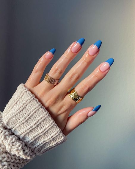Gorgeous shade of blue with milky pink Fall French Nail Design