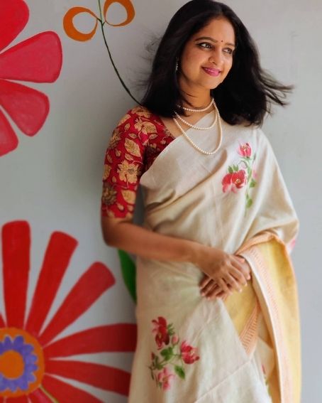 Gorgeous hand-painted Tussar with a Kalamkari blouse