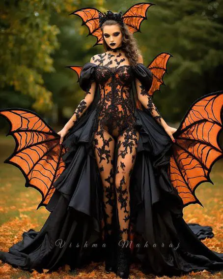 Gothic style bat wings and halloween orange colored costume