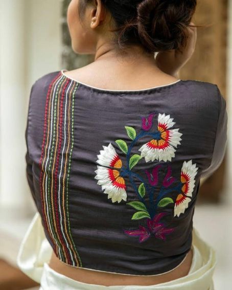 Graphite Violet With Floral Machine Embroidery Boat Neck Blouses