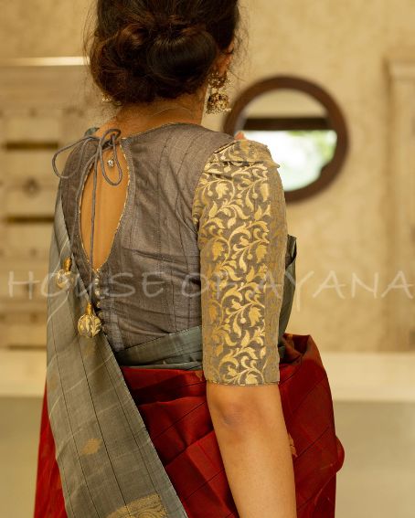 Gray Color Golden Printed Potli Blouse Back Design