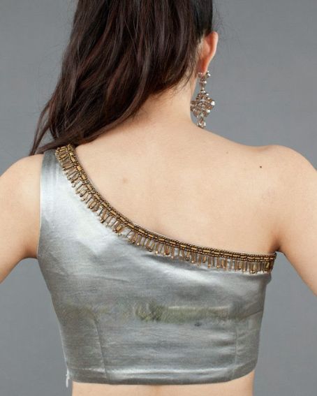 Gray Color Sleeve Less Asymmetric Blouse Designs