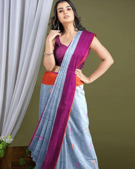 Gray Khadi Cotton Plain Saree With Purple Blouse