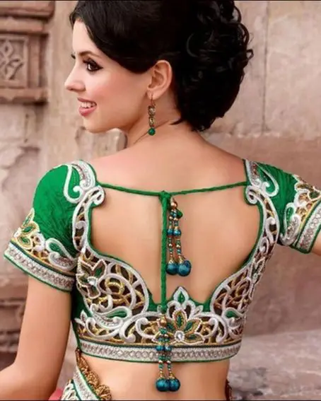 Green Blouse Designs With Blue Colored Lakkans