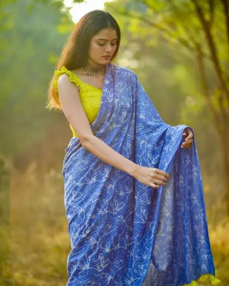 Green Color Frill Blouse Design with Blur Saree