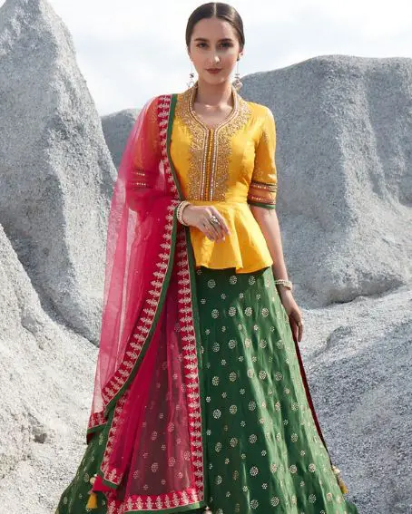 Green Color Lehanga With Yellow Coloured Full Blouse DesignPink Color Lehanga with Full Blouse Design