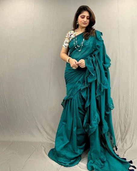 Green Color Plain Saree with Blouse Design