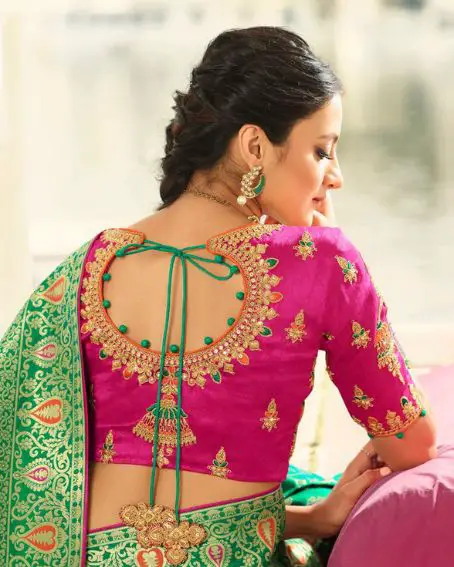 Green Color Potli Blouse Design with High Neck